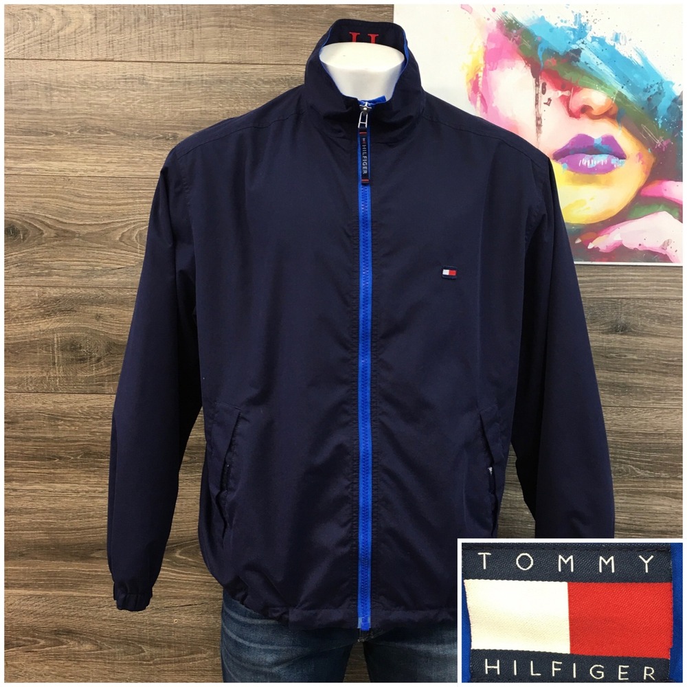 VINTAGE Tommy Hilfiger Men's Y2K Navy Blue Zip Up Track Jacket XL Streetwear